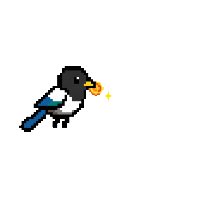 A Tiny Magpie bouncing on the screen, holding a gold coin
